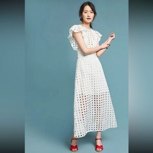 Anthropologie Antik Batik White Eyelet Flutter Sleeve Midi / Maxi Dress - 38 / S